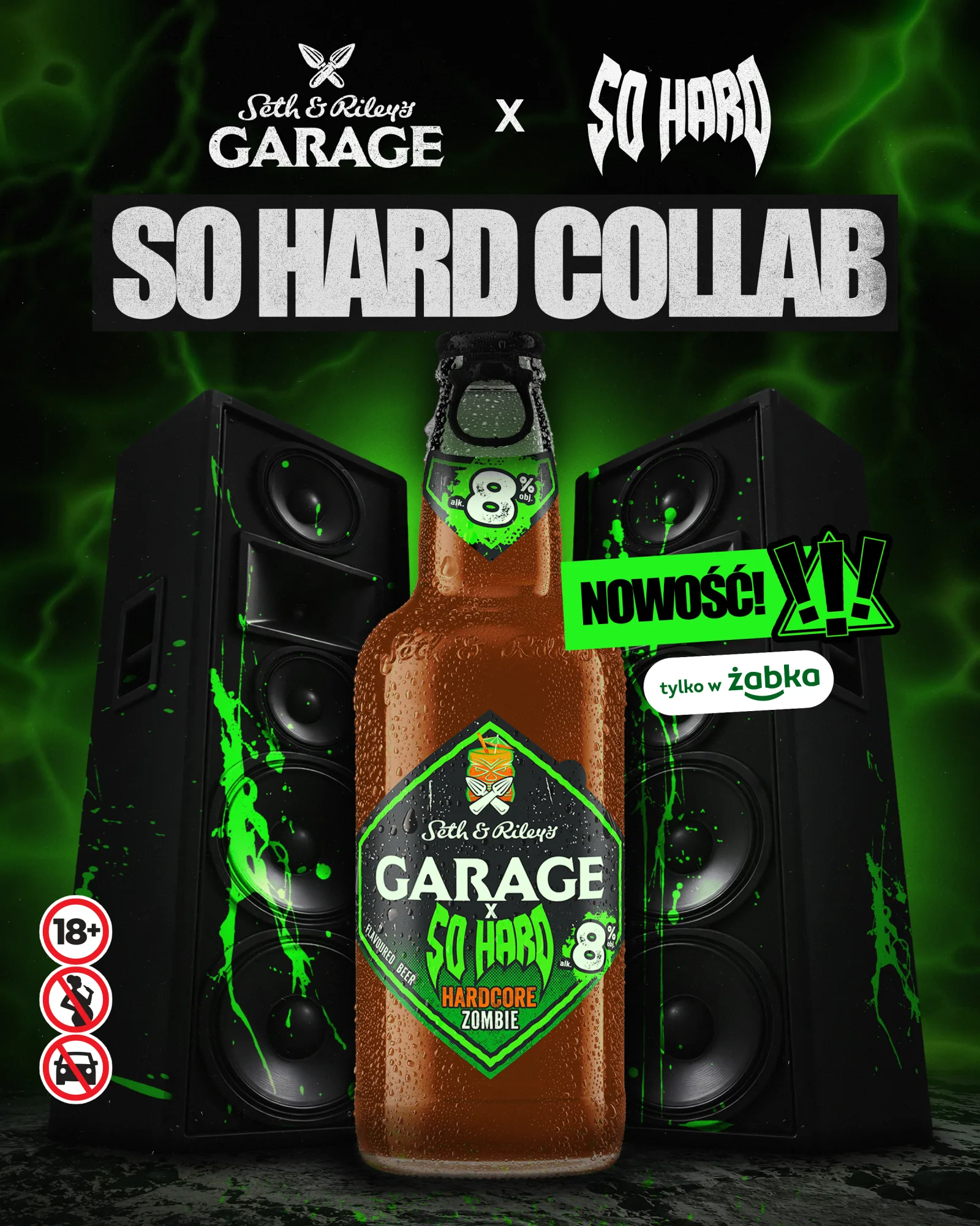 Butelka Garage x SO HARD Hardcore Zombie 8% na tle głośników